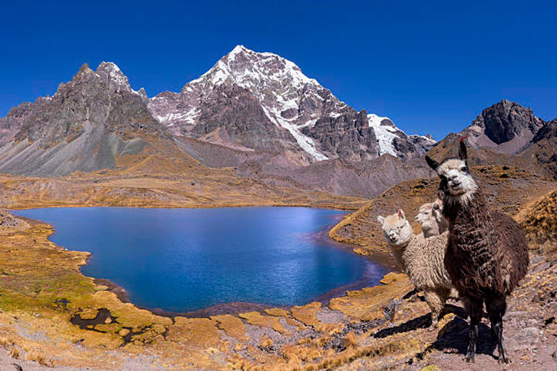 7 Lakes of Ausangate turquoise glacial lagoons and snowy mountain peak in Peru