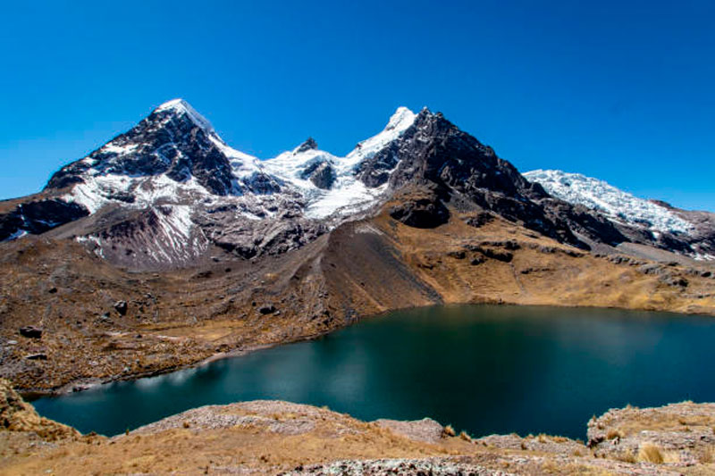 7 Lakes of Ausangate turquoise glacial lagoons and snowy mountain peak in Peru