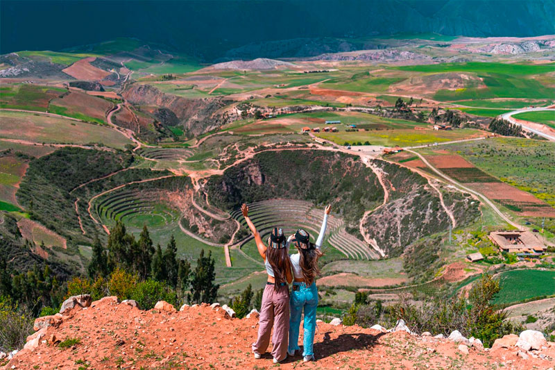 Tour bus traveling through the Andean highlands towards Maras and Moray